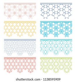 Set of colorful seamless borders, line patterns. Tribal ethnic arabic, indian decorative ornaments, fashion lace collection. Isolated design elements for headline, banners, wedding invitation cards