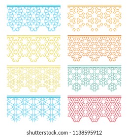 Set of colorful seamless borders, line patterns. Tribal ethnic arabic, indian decorative ornaments, fashion lace collection. Isolated design elements for headline, banners, wedding invitation cards