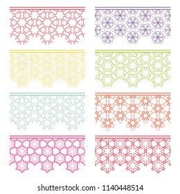 Set of colorful seamless borders, line patterns. Tribal ethnic arabic, indian decorative ornaments, fashion lace collection. Isolated design elements for headline, banners, wedding invitation cards