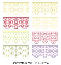 Set of colorful seamless borders, line patterns. Tribal ethnic arabic, indian decorative ornaments, fashion lace collection. Isolated design elements for headline, banners, wedding invitation cards