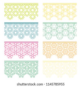 Set of colorful seamless borders, line patterns. Tribal ethnic arabic, indian decorative ornaments, fashion lace collection. Isolated design elements for headline, banners, wedding invitation cards