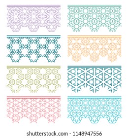 Set of colorful seamless borders, line patterns. Tribal ethnic arabic, indian decorative ornaments, fashion lace collection. Isolated design elements for headline, banners, wedding invitation cards