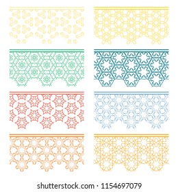 Set of colorful seamless borders, line patterns. Tribal ethnic arabic, indian decorative ornaments, fashion lace collection. Isolated design elements for headline, banners, wedding invitation cards