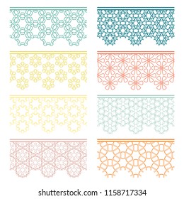 Set of colorful seamless borders, line patterns. Tribal ethnic arabic, indian decorative ornaments, fashion lace collection. Isolated design elements for headline, banners, wedding invitation cards