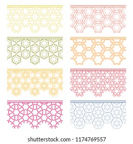 Set of colorful seamless borders, line patterns. Tribal ethnic arabic, indian decorative ornaments, fashion lace collection. Isolated design elements for headline, banners, wedding invitation cards