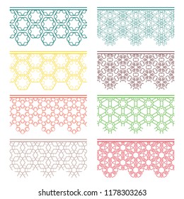 Set of colorful seamless borders, line patterns. Tribal ethnic arabic, indian decorative ornaments, fashion lace collection. Isolated design elements for headline, banners, wedding invitation cards