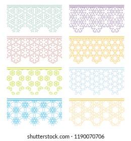 Set of colorful seamless borders, line patterns. Tribal ethnic arabic, indian decorative ornaments, fashion lace collection. Isolated design elements for headline, banners, wedding invitation cards