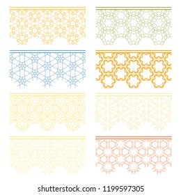 Set of colorful seamless borders, line patterns. Tribal ethnic arabic, indian decorative ornaments, fashion lace collection. Isolated design elements for headline, banners, wedding invitation cards