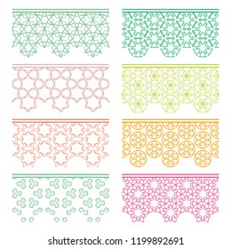 Set of colorful seamless borders, line patterns. Tribal ethnic arabic, indian decorative ornaments, fashion lace collection. Isolated design elements for headline, banners, wedding invitation cards