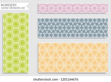Set of colorful seamless borders, line patterns. Tribal ethnic arabic, indian decorative ornaments, fashion lace collection. Isolated design elements for headline, banners, wedding invitation cards