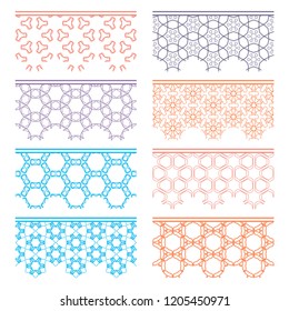 Set of colorful seamless borders, line patterns. Tribal ethnic arabic, indian decorative ornaments, fashion lace collection. Isolated design elements for headline, banners, wedding invitation cards