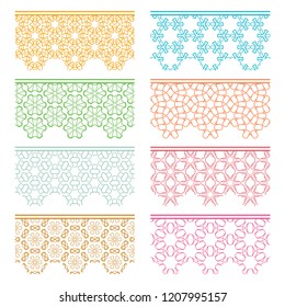 Set of colorful seamless borders, line patterns. Tribal ethnic arabic, indian decorative ornaments, fashion lace collection. Isolated design elements for headline, banners, wedding invitation cards