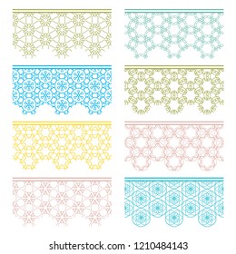 Set of colorful seamless borders, line patterns. Tribal ethnic arabic, indian decorative ornaments, fashion lace collection. Isolated design elements for headline, banners, wedding invitation cards