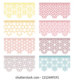 Set of colorful seamless borders, line patterns. Tribal ethnic arabic, indian decorative ornaments, fashion lace collection. Isolated design elements for headline, banners, wedding invitation cards