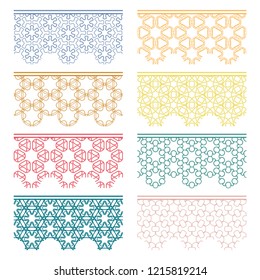 Set of colorful seamless borders, line patterns. Tribal ethnic arabic, indian decorative ornaments, fashion lace collection. Isolated design elements for headline, banners, wedding invitation cards