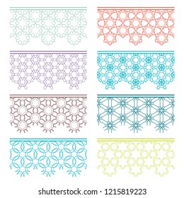 Set of colorful seamless borders, line patterns. Tribal ethnic arabic, indian decorative ornaments, fashion lace collection. Isolated design elements for headline, banners, wedding invitation cards