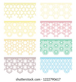 Set of colorful seamless borders, line patterns. Tribal ethnic arabic, indian decorative ornaments, fashion lace collection. Isolated design elements for headline, banners, wedding invitation cards