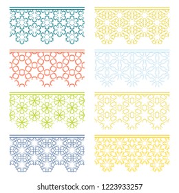 Set of colorful seamless borders, line patterns. Tribal ethnic arabic, indian decorative ornaments, fashion lace collection. Isolated design elements for headline, banners, wedding invitation cards
