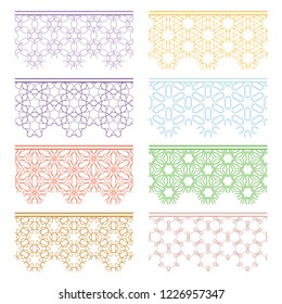 Set of colorful seamless borders, line patterns. Tribal ethnic arabic, indian decorative ornaments, fashion lace collection. Isolated design elements for headline, banners, wedding invitation cards
