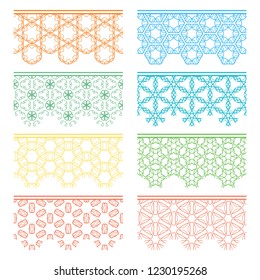 Set of colorful seamless borders, line patterns. Tribal ethnic arabic, indian decorative ornaments, fashion lace collection. Isolated design elements for headline, banners, wedding invitation cards