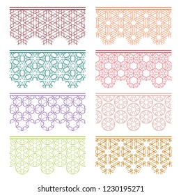 Set of colorful seamless borders, line patterns. Tribal ethnic arabic, indian decorative ornaments, fashion lace collection. Isolated design elements for headline, banners, wedding invitation cards