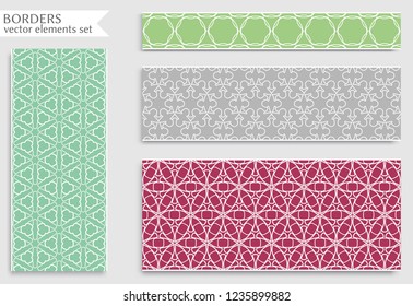Set of colorful seamless borders, line patterns. Tribal ethnic arabic, indian decorative ornaments, fashion lace collection. Isolated design elements for headline, banners, wedding invitation cards