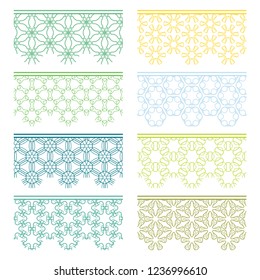Set of colorful seamless borders, line patterns. Tribal ethnic arabic, indian decorative ornaments, fashion lace collection. Isolated design elements for headline, banners, wedding invitation cards