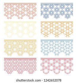 Set of colorful seamless borders, line patterns. Tribal ethnic arabic, indian decorative ornaments, fashion lace collection. Isolated design elements for headline, banners, wedding invitation cards