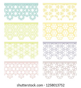 Set of colorful seamless borders, line patterns. Tribal ethnic arabic, indian decorative ornaments, fashion lace collection. Isolated design elements for headline, banners, wedding invitation cards