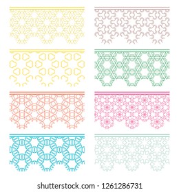 Set of colorful seamless borders, line patterns. Tribal ethnic arabic, indian decorative ornaments, fashion lace collection. Isolated design elements for headline, banners, wedding invitation cards