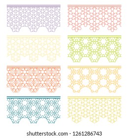 Set of colorful seamless borders, line patterns. Tribal ethnic arabic, indian decorative ornaments, fashion lace collection. Isolated design elements for headline, banners, wedding invitation cards