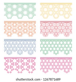 Set of colorful seamless borders, line patterns. Tribal ethnic arabic, indian decorative ornaments, fashion lace collection. Isolated design elements for headline, banners, wedding invitation cards