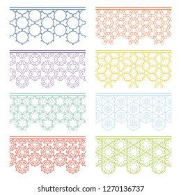 Set of colorful seamless borders, line patterns. Tribal ethnic arabic, indian decorative ornaments, fashion lace collection. Isolated design elements for headline, banners, wedding invitation cards