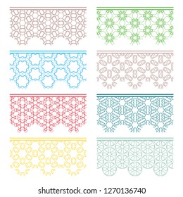 Set of colorful seamless borders, line patterns. Tribal ethnic arabic, indian decorative ornaments, fashion lace collection. Isolated design elements for headline, banners, wedding invitation cards
