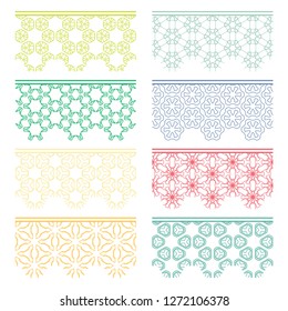Set of colorful seamless borders, line patterns. Tribal ethnic arabic, indian decorative ornaments, fashion lace collection. Isolated design elements for headline, banners, wedding invitation cards
