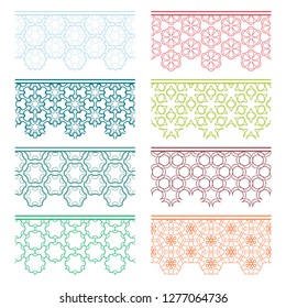 Set of colorful seamless borders, line patterns. Tribal ethnic arabic, indian decorative ornaments, fashion lace collection. Isolated design elements for headline, banners, wedding invitation cards