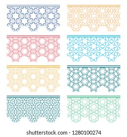 Set of colorful seamless borders, line patterns. Tribal ethnic arabic, indian decorative ornaments, fashion lace collection. Isolated design elements for headline, banners, wedding invitation cards