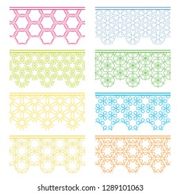 Set of colorful seamless borders, line patterns. Tribal ethnic arabic, indian decorative ornaments, fashion lace collection. Isolated design elements for headline, banners, wedding invitation cards