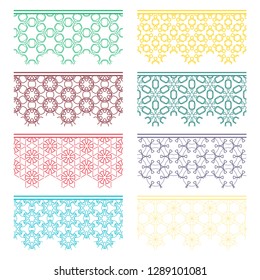 Set of colorful seamless borders, line patterns. Tribal ethnic arabic, indian decorative ornaments, fashion lace collection. Isolated design elements for headline, banners, wedding invitation cards