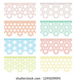 Set of colorful seamless borders, line patterns. Tribal ethnic arabic, indian decorative ornaments, fashion lace collection. Isolated design elements for headline, banners, wedding invitation cards