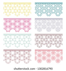 Set of colorful seamless borders, line patterns. Tribal ethnic arabic, indian decorative ornaments, fashion lace collection. Isolated design elements for headline, banners, wedding invitation cards