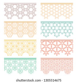 Set of colorful seamless borders, line patterns. Tribal ethnic arabic, indian decorative ornaments, fashion lace collection. Isolated design elements for headline, banners, wedding invitation cards