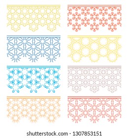 Set of colorful seamless borders, line patterns. Tribal ethnic arabic, indian decorative ornaments, fashion lace collection. Isolated design elements for headline, banners, wedding invitation cards