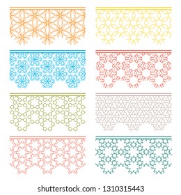 Set of colorful seamless borders, line patterns. Tribal ethnic arabic, indian decorative ornaments, fashion lace collection. Isolated design elements for headline, banners, wedding invitation cards