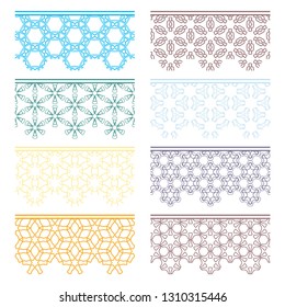 Set of colorful seamless borders, line patterns. Tribal ethnic arabic, indian decorative ornaments, fashion lace collection. Isolated design elements for headline, banners, wedding invitation cards