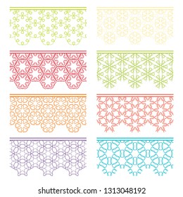 Set of colorful seamless borders, line patterns. Tribal ethnic arabic, indian decorative ornaments, fashion lace collection. Isolated design elements for headline, banners, wedding invitation cards