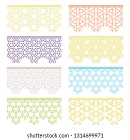 Set of colorful seamless borders, line patterns. Tribal ethnic arabic, indian decorative ornaments, fashion lace collection. Isolated design elements for headline, banners, wedding invitation cards