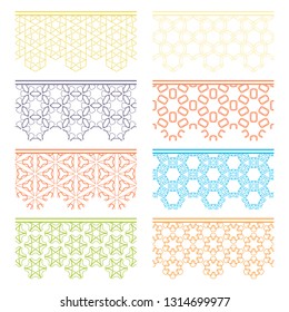 Set of colorful seamless borders, line patterns. Tribal ethnic arabic, indian decorative ornaments, fashion lace collection. Isolated design elements for headline, banners, wedding invitation cards