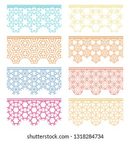 Set of colorful seamless borders, line patterns. Tribal ethnic arabic, indian decorative ornaments, fashion lace collection. Isolated design elements for headline, banners, wedding invitation cards