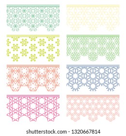 Set of colorful seamless borders, line patterns. Tribal ethnic arabic, indian decorative ornaments, fashion lace collection. Isolated design elements for headline, banners, wedding invitation cards